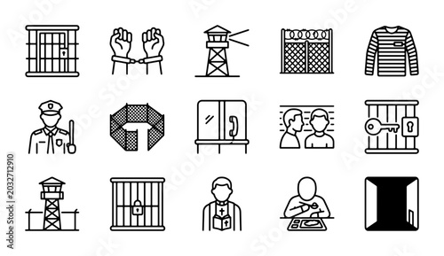 Bild auf Leinwand Prison Icons Set: Justice, Security, Incarceration, Law Enforcement, Criminal Ju