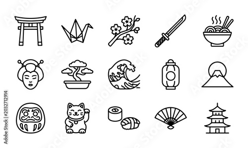 Quadro su tela Japanese Culture Icons Set: Torii Gate, Geisha, Bonsai, Sushi, Samurai Sword, Mo
