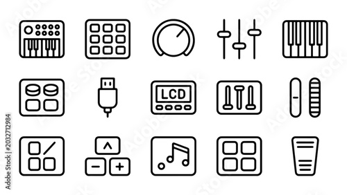 Schilderij op canvas Music Production Icons: Synthesizer, Mixer, Keyboard, USB, LCD Display, Audio Co