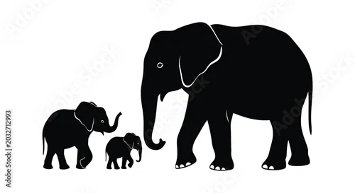 Obraz Elephant family silhouette black and white illustration