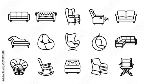 Obraz na płótnie Modern Furniture Icons Set, Minimalist Sofa, Chair, and Chaise Lounge Vector Gra