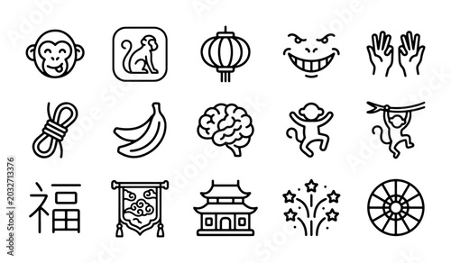 Photography Chinese Zodiac Monkey Icons, Lunar New Year Symbols, Vector Graphics Set