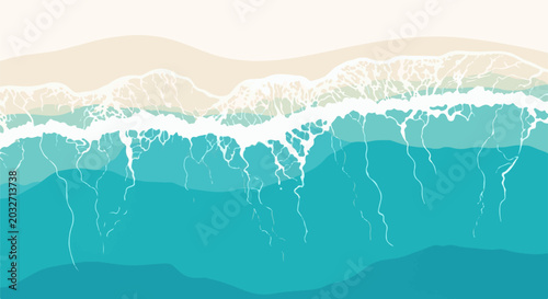 Aerial view of stylized ocean waves breaking onto a sandy shore