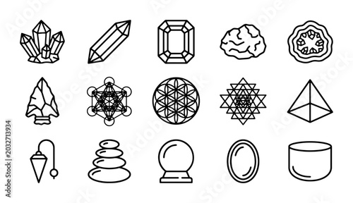 Foto Esoteric Symbols Vector Icons: Crystals, Sacred Geometry, Divination Tools, Gems