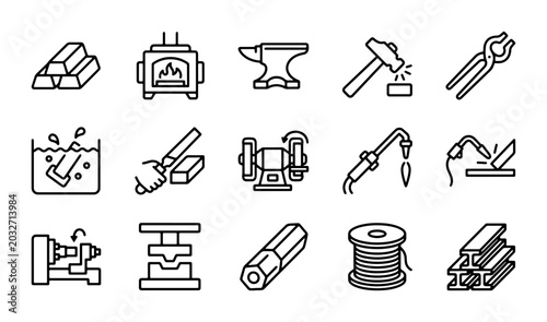 Slika na platnu Blacksmithing and Metalworking Icons: Forge, Anvil, Hammer, Tools, Materials, Ve