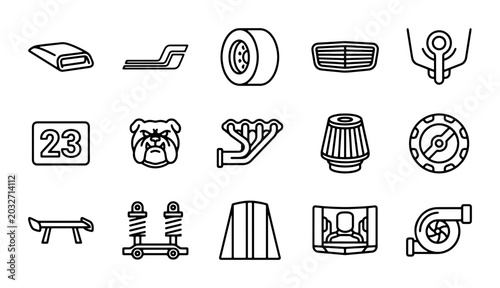 Foto Automotive Performance Parts Vector Icons Set: Turbo, Engine, Wheels, Spoilers,
