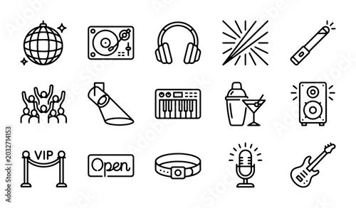 Bild auf Leinwand Party Icons Set: Disco Ball, DJ Turntable, Headphones, Keyboard, Guitar, VIP Rop