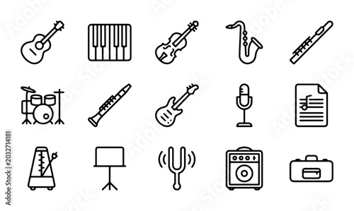 Canvas Print Musical Instrument Icons Set: Guitar, Violin, Saxophone, Drums, Piano, Metronome