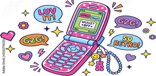 Retro Y2K Pink Flip Phone Vector Illustration featuring Text Message Slang Bubbles Charms Hearts and Stars for Noughties Nostalgia Pop Culture Designs