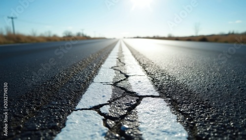 Cracked asphalt road with double white line marking stretching towards horizon. Blue sky, bright sun, distant trees, dry grass along roadside. Empty highway perspective.