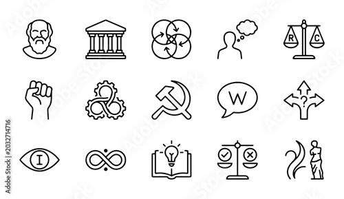 Fotografia Philosophy Icons Set: Abstract Concepts, Symbols, and Classical Figures for Educ