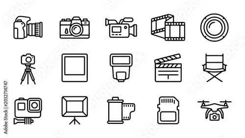 Tableau sur toile Photography and Videography Icons Set: Camera, Film, Drone, Tripod, Flash, Clapp