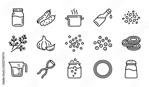 Tableau sur toile Pickling Ingredients Icons Set: Jar, Cucumbers, Dill, Garlic, Spices, Salt, Oil,