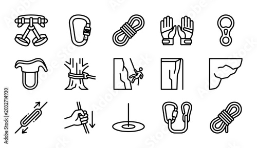 Foto Climbing Gear Icons Set, Rock Climbing Equipment, Mountaineering Essentials, Vec