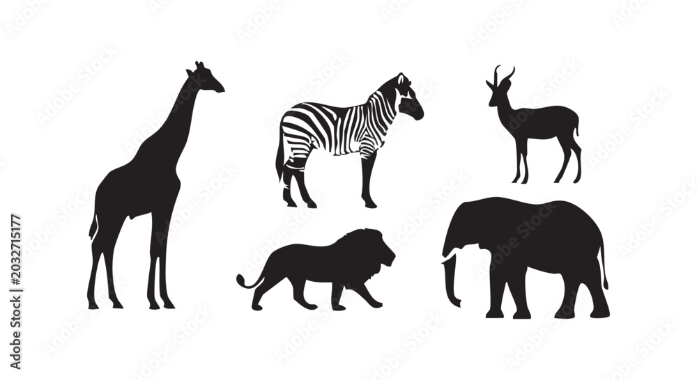 Fototapeta premium Set of black silhouettes of african safari animals featuring a giraffe, zebra, lion, antelope, and elephant.