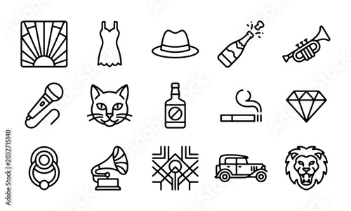 Photos Art Deco Icons Set: Flapper Dress, Fedora, Champagne, Trumpet, Microphone, Cat,