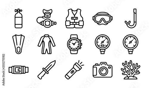 Quadro em tela Scuba Diving Icons Set, Underwater Exploration Equipment, Vector Graphics for Ma