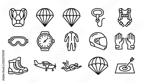 Tableau sur toile Skydiving Equipment Icons, Parachute Gear Vector Set, Extreme Sports Symbols, Ad