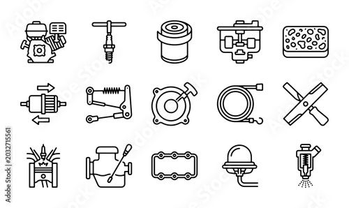 Foto Small Engine Parts Icons, Lawn Mower Components, Repair & Maintenance Vector Set