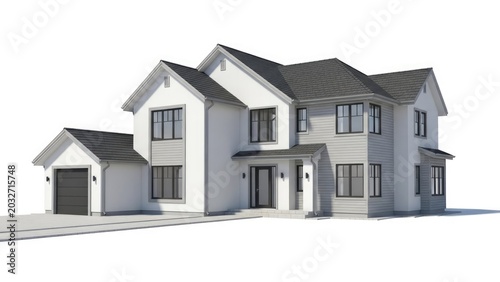 3D architectural rendering of a modern suburban house.