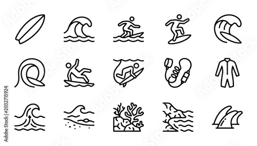 Foto Surfing Icons Set: Wave, Surfboard, Rider, Wetsuit, Coral, Shark, Fins