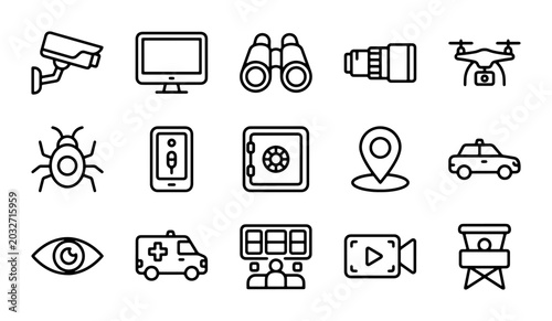 Foto Security and Surveillance Icons: CCTV, Drone, Binoculars, Safe, Bug, Eye, Camera