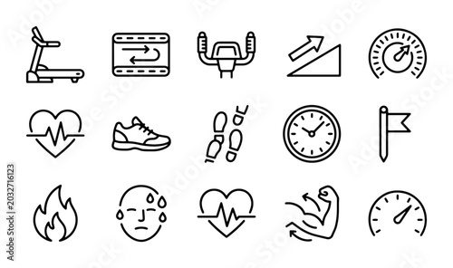 Fitness Icons Set: Treadmill, Heart Rate, Running Shoe, Stopwatch, Exercise Equipment Vector Graphics