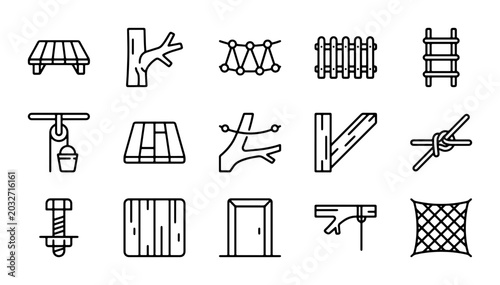 Outdoor Playground Equipment Icons, Adventure Park Elements, Vector Set