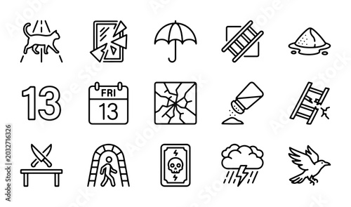 Bilde på lerret Superstition Icons Set: Bad Luck Symbols, Omens, and Folklore