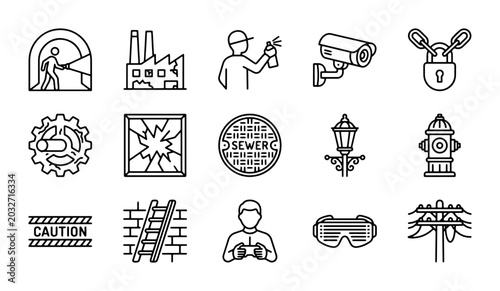 Foto Urban Industrial Icons: Security, Construction, and City Elements Vector Set