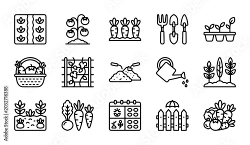 Gardening Icons Set, Organic Farming, Vegetable Plants, Garden Tools, Growing Food Vector Collection