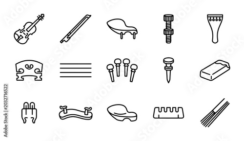 Photos Violin Parts Icons, String Instrument Components, Musical Accessories Set, Vecto
