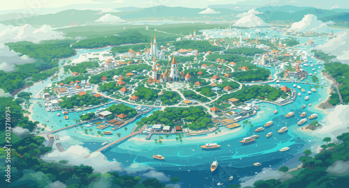Foto Aerial view of a picturesque island city with a winding river, lush green landscapes, numerous buildings, and boats in clear blue waters, surrounded by clouds