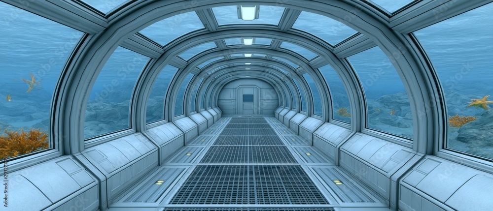 Obraz premium Transparent futuristic corridor above ocean