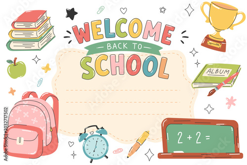 Welcome back to school poster with lined note area in doodle style