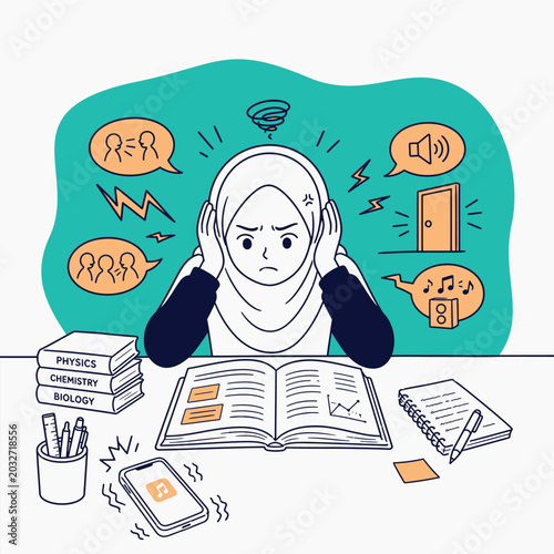 Bild auf Leinwand Frustrated Young Woman in Hijab Struggling to Study at a Desk, Overwhelmed by Nu