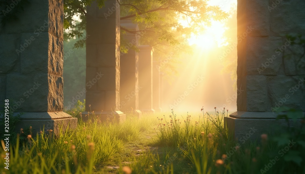 Fototapeta premium Stone pillars line path through grassy field at sunrise. Morning sun rays pierce thick mist creating light beams over green meadow. Peaceful nature scene.