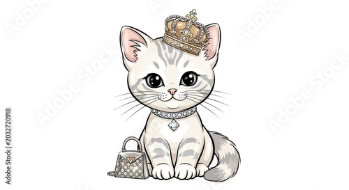 Charming kitten wearing crown sitting elegantly with a handbag on white backdrop