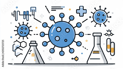 Scientific Laboratory COVID-19 Virus Illustration with Test Tubes and Molecular Structures