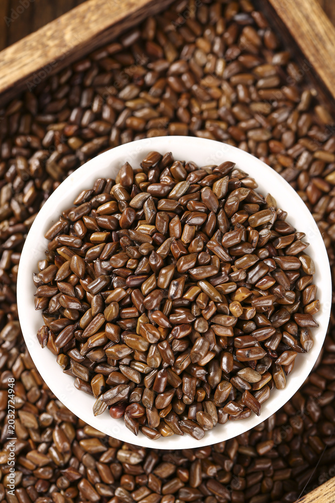 Fototapeta premium Traditional Chinese Cassia Seeds for Herbal Tea in White Bowl on Wooden Background