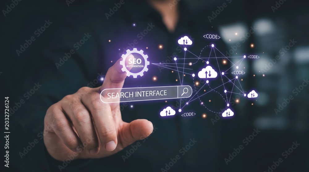 Fototapeta premium SEO Automation and Data Analytics Concept: Professional Interacting with Holographic Search Interface and Neural Networks