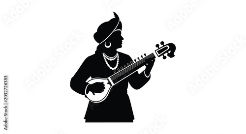 Εκτύπωση καμβά Musician playing sitar instrument black silhouette high quality