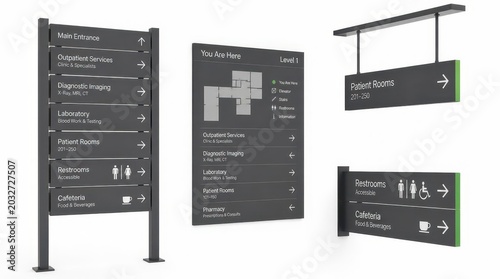 Modern modular 2D health facility wayfinding signage system, a wide angle studio shot of professional medical directional signage set for hospitals, clinics, and healthcare centers for easy navigation