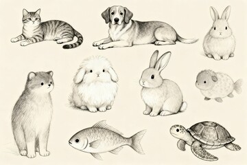 various animals in pencil drawings