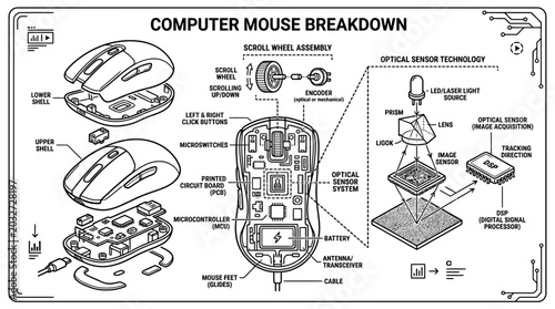 Bild auf Leinwand Technical breakdown diagram of a computer mouse components and optical sensor technology