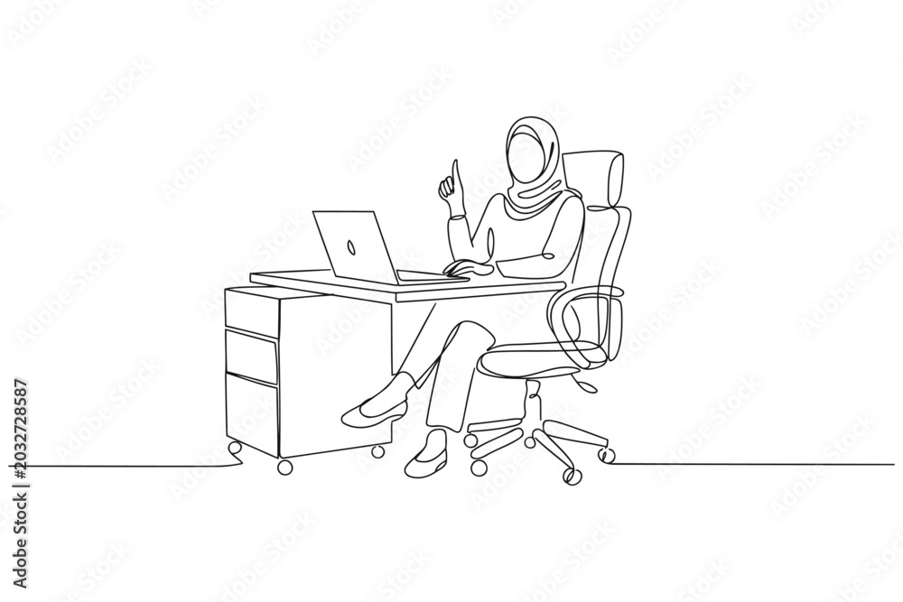 Fototapeta premium Woman wearing hijab sitting at desk with laptop holding pen line art woman working remote work young single line home office business illustration computer professional simplicity