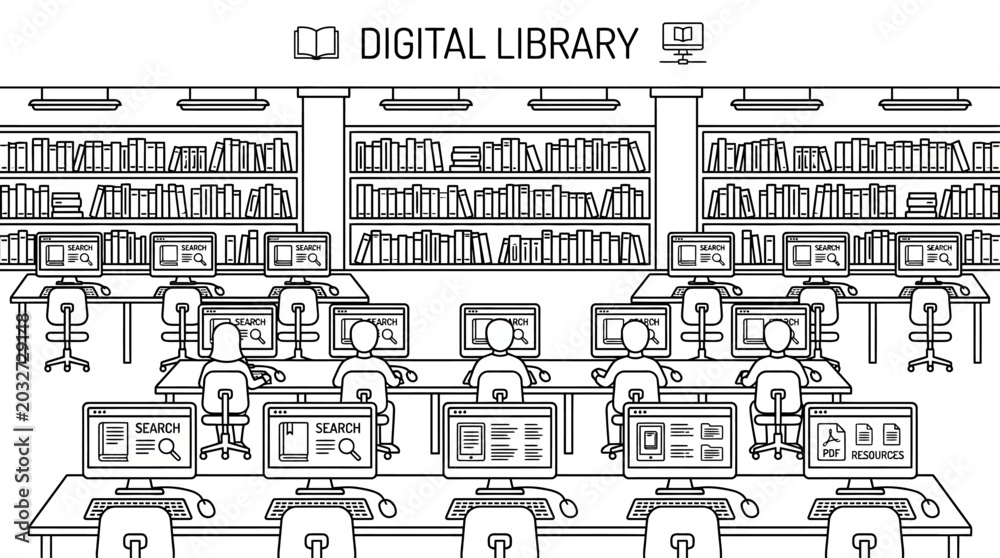 Obraz premium A line art illustration of students working at computers in a digital library setting.