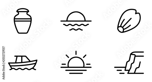 Billede på lærred Minimalist Vector Icons: Urn, Sunrise, Seed, Boat, Sunset, Cliff, Travel, Nature