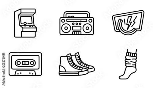 Retro 80s Icons: Arcade Game, Boombox, Cassette Tape, Sneakers, Leg Warmers, Neon Sign