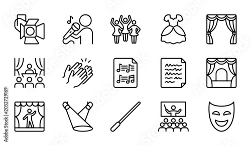 Foto Performance Icons: Stage, Music, Spotlight, Audience, Mask, 15 Vector Elements
